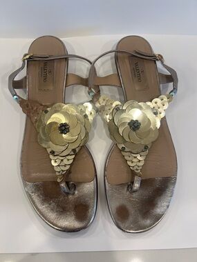 Valentino Gold Floral T-Strap Sandals with Metallic Trim